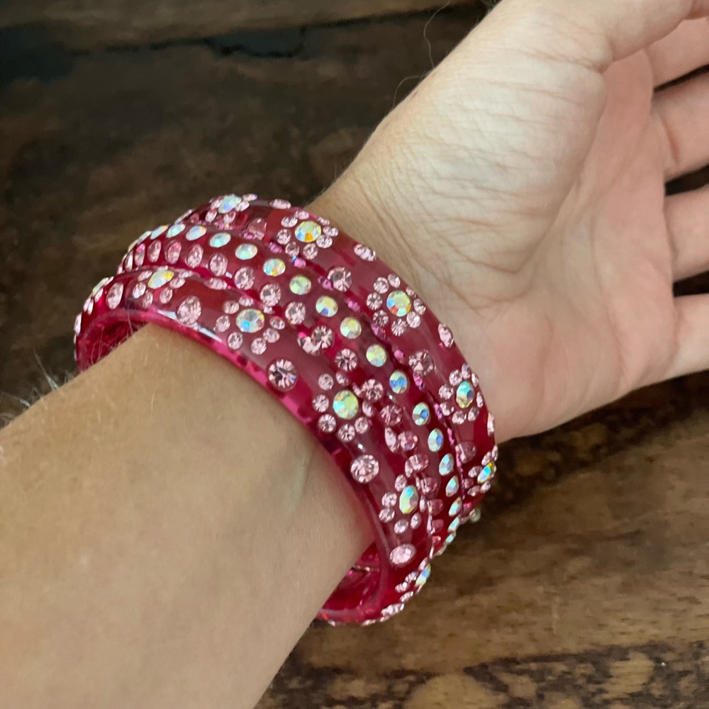 Three Vintage pink lucite and. Pink with Arora Borealis rhinestones bracelets